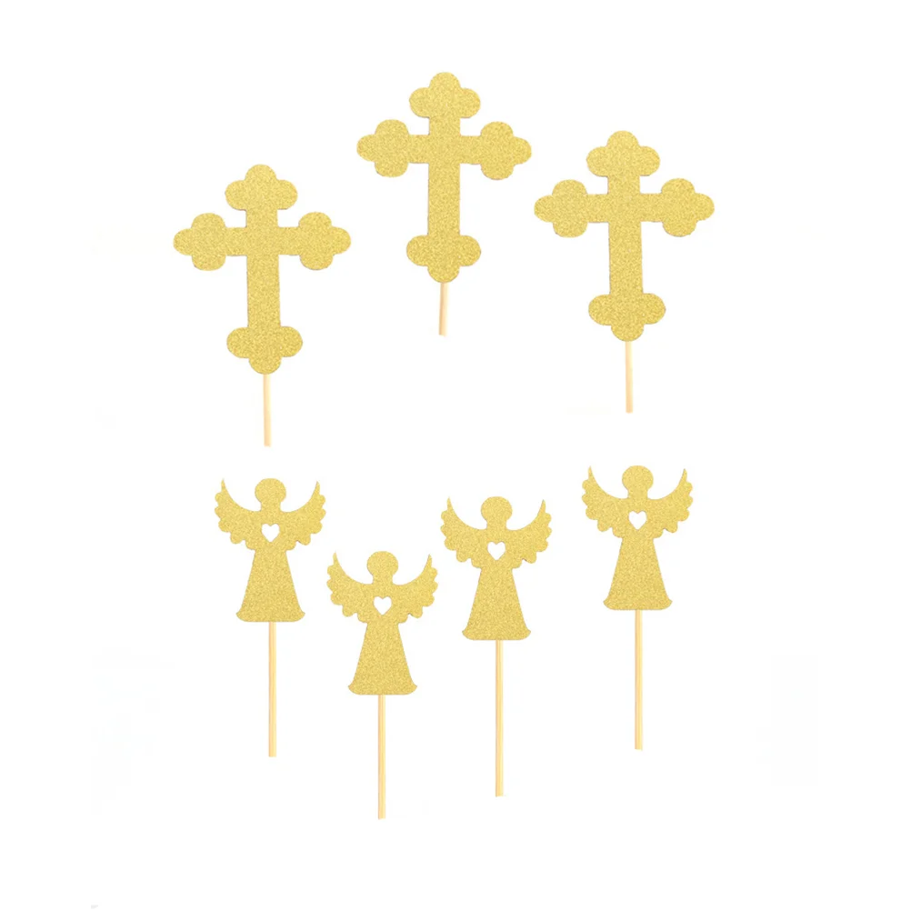 

24pcs Cross and Angel Shaped Cake Toppers Paper Cake Picks Cupcake Decor Party Supplies (12pcs Cross+12pcs Angel)