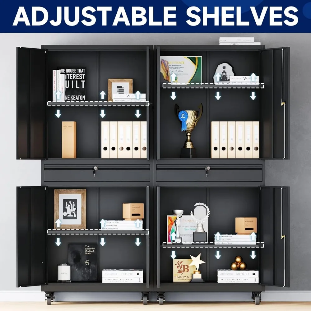 Metal Garage Storage Cabinet with Locking Doors and Adjustable Shelves, Rolling Tool Storage Cabinet with 4 Wheels and 1 Drawer