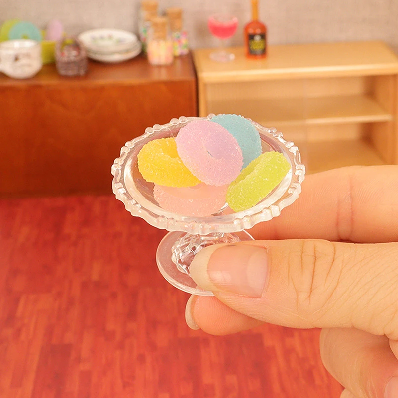 Gomitas de caramelo de colores a escala 1/12, casa de muñecas en miniatura, gotas de gelatina con plato de almacenamiento para casa de muñecas BJD, juguete de cocina