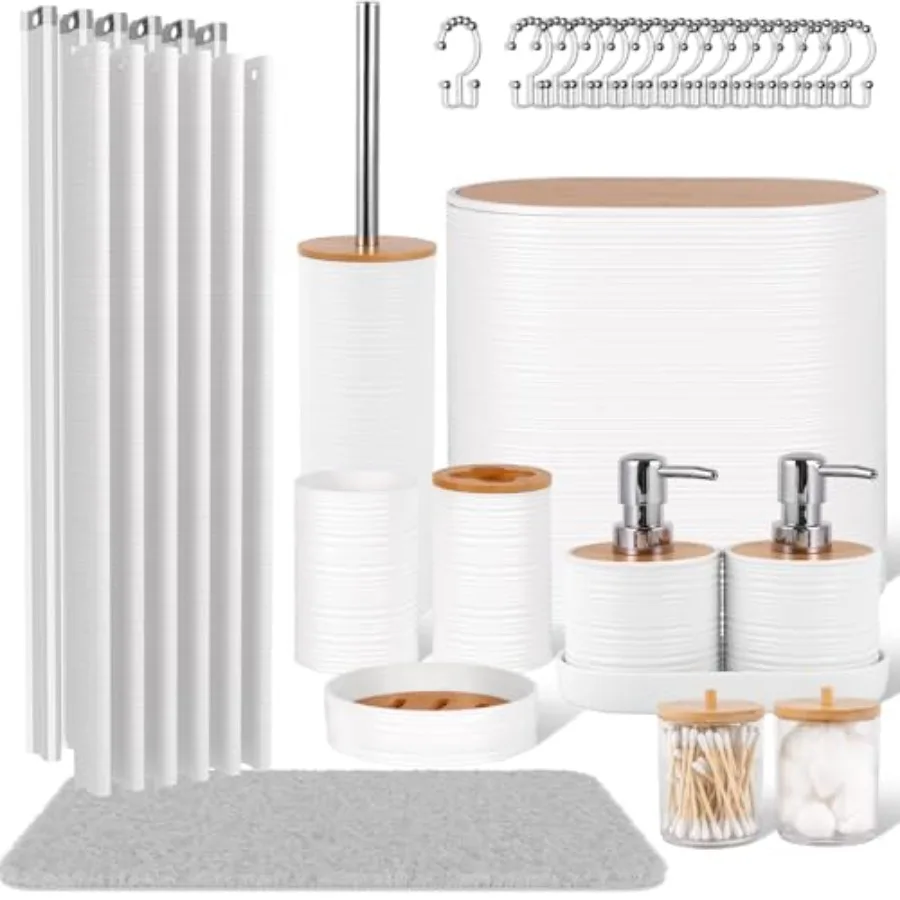 

White Bathroom Set, 25 PCS Bathroom Accessories Set with Shower Curtains, Rugs, Trash Can, Toothbrush Holder, Soap Dispensers,