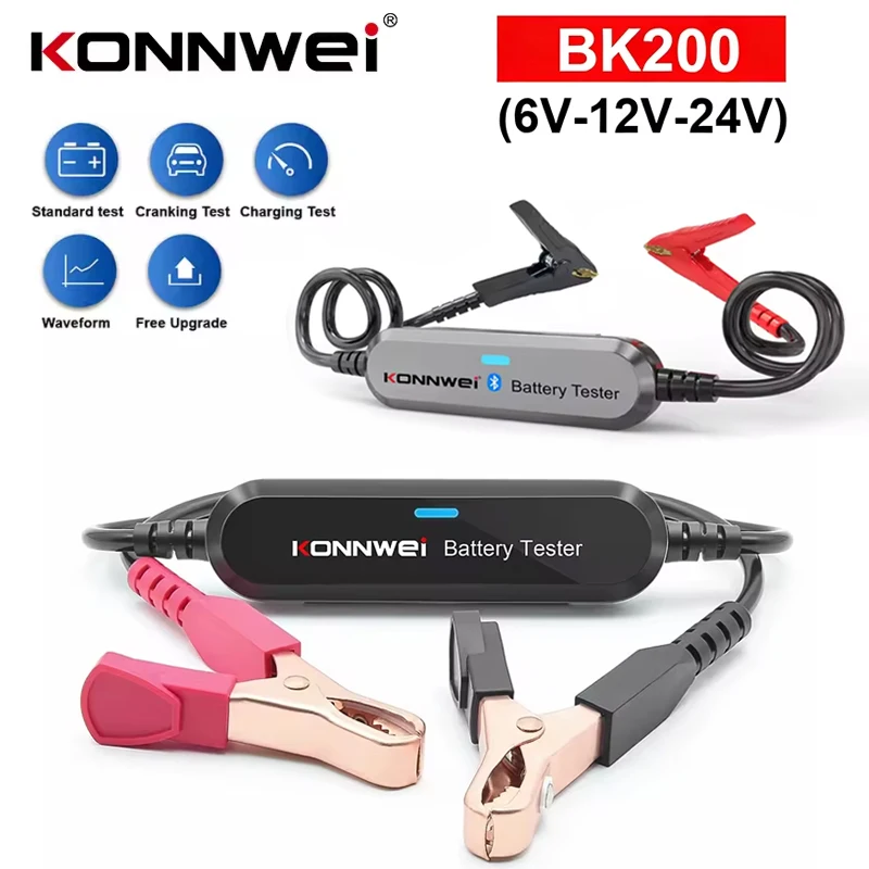 

Тестер аккумуляторов KONNWEI BK200 для автомобилей, мотоциклов и грузовиков, Bluetooth 5.0, 6В/12В/24В, анализатор аккумуляторов, 2000 CCA, инструмент для тестирования заряда и запуска
