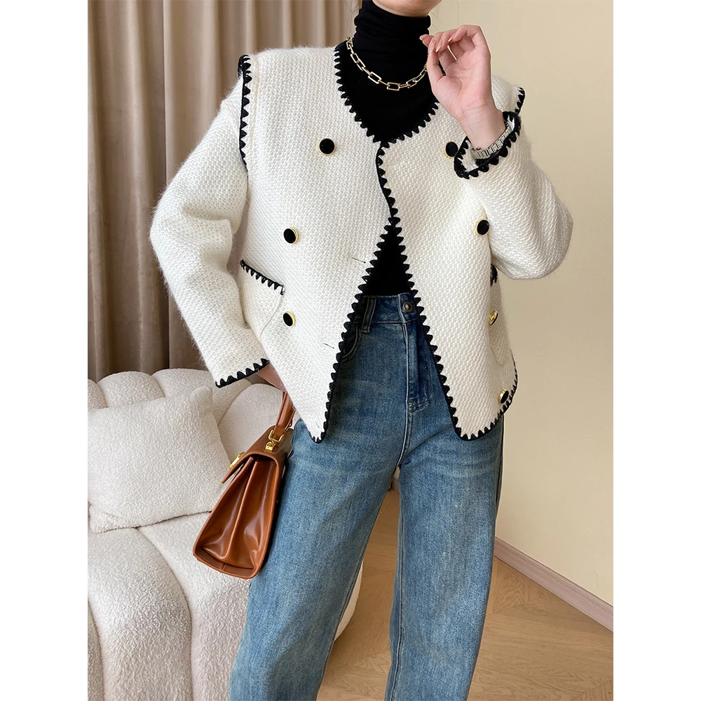 

Elegant Women Wollen Jacket Contrast Color Double Breasted O-Neck Soft Coat Female Versatile Leisure Outwear Clothes