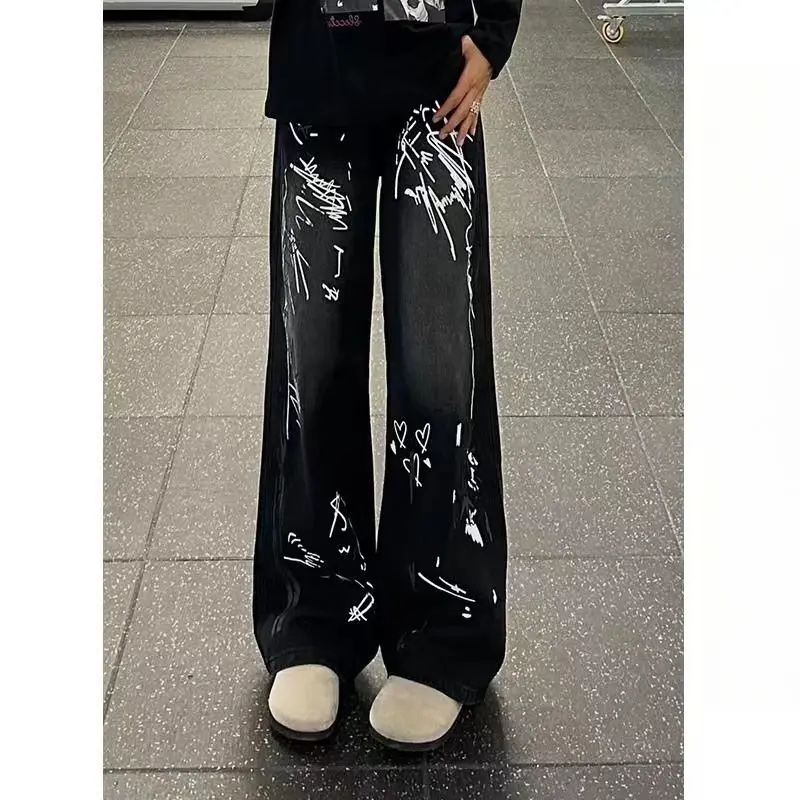 

Doodle Straight Leg Men's Jeans Trendy Autumn Versatile Wide Leg Waed American Sle Jeans Casual Loose Bell Bot