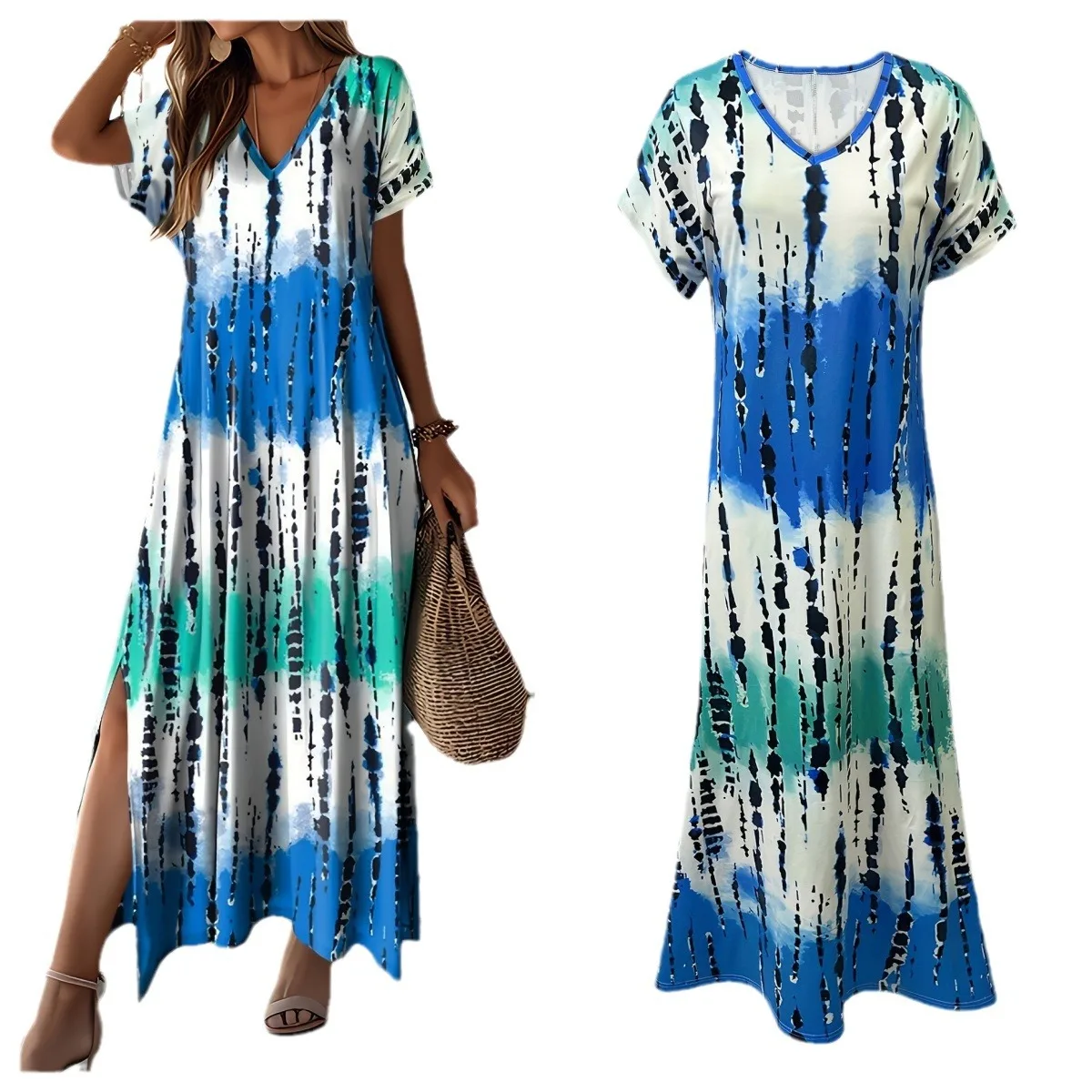 Letnie Nowe Codzienne Długie Sukienki Dekolt V Krótki Rękaw Luźna Sukienka Tie Dye z Nadrukiem Szlafrok Damski Vestidos De Playa