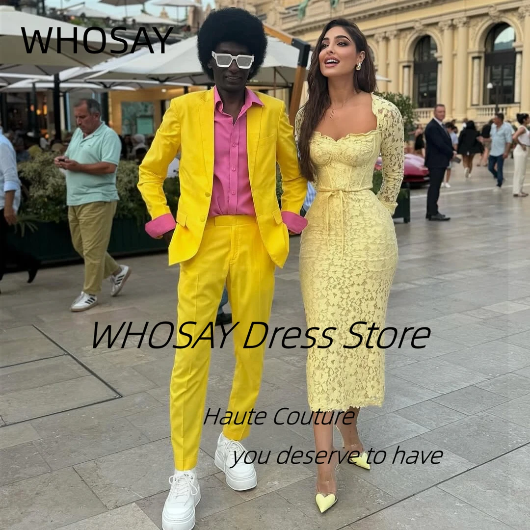 

WHOSAY Lace Tea Length Prom Dresses Square Neck Long Sleeves Evening Gowns with Sash Special Banquet Dress Customized