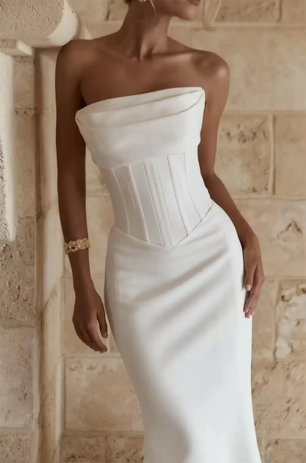 Boho Mermaid Wedding Dresses Strapless Sleeveless Sweep Train Satin Bridal Dress Simple Wedding Prom Gowns Customized