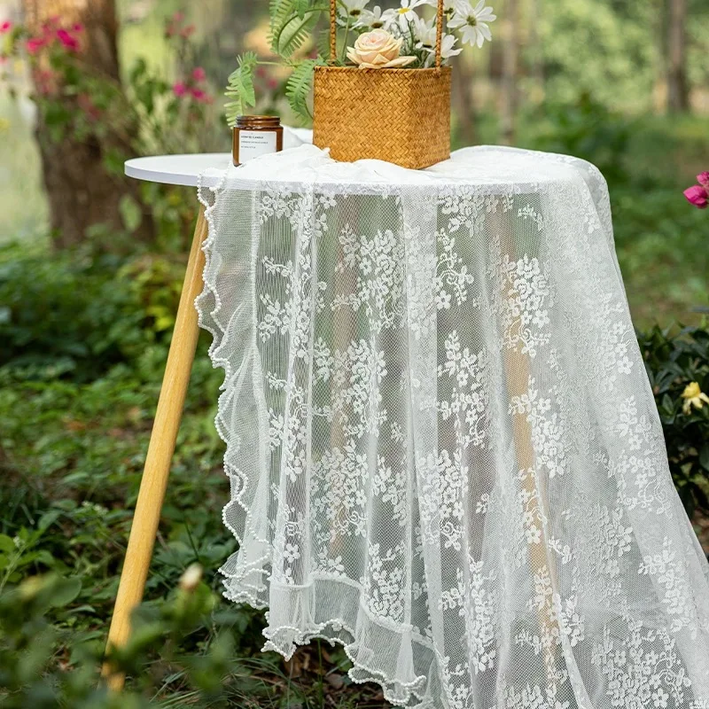 Korean Romantic Floral Sheer Tablecloth  White Woven Jacquard Rectangular Table Cloth Household Dust-Proof Decor Cover Cloth