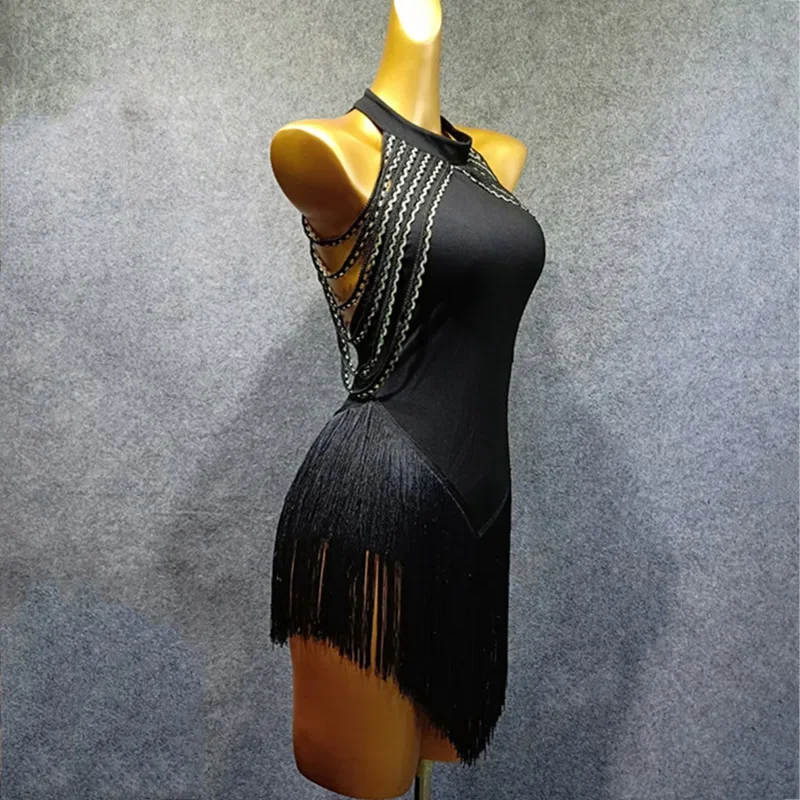 Latin Dance Dress Adults Black Open Back Tassels Sleeveless Competition Dresses Samba Dancing Costumes Clothes Stage Wear DN3368