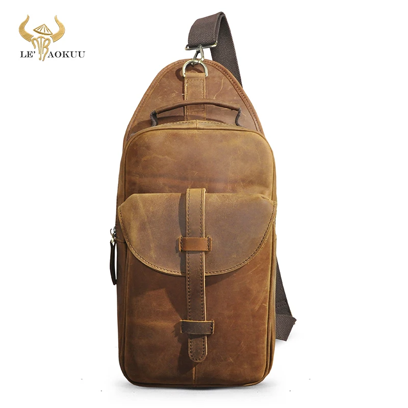 

Cattle Crazy horse Leather Retro Multi-purpose Chest Pack Sling Bag Design Travel One Shoulder Bag Backpack For Men Male 8084