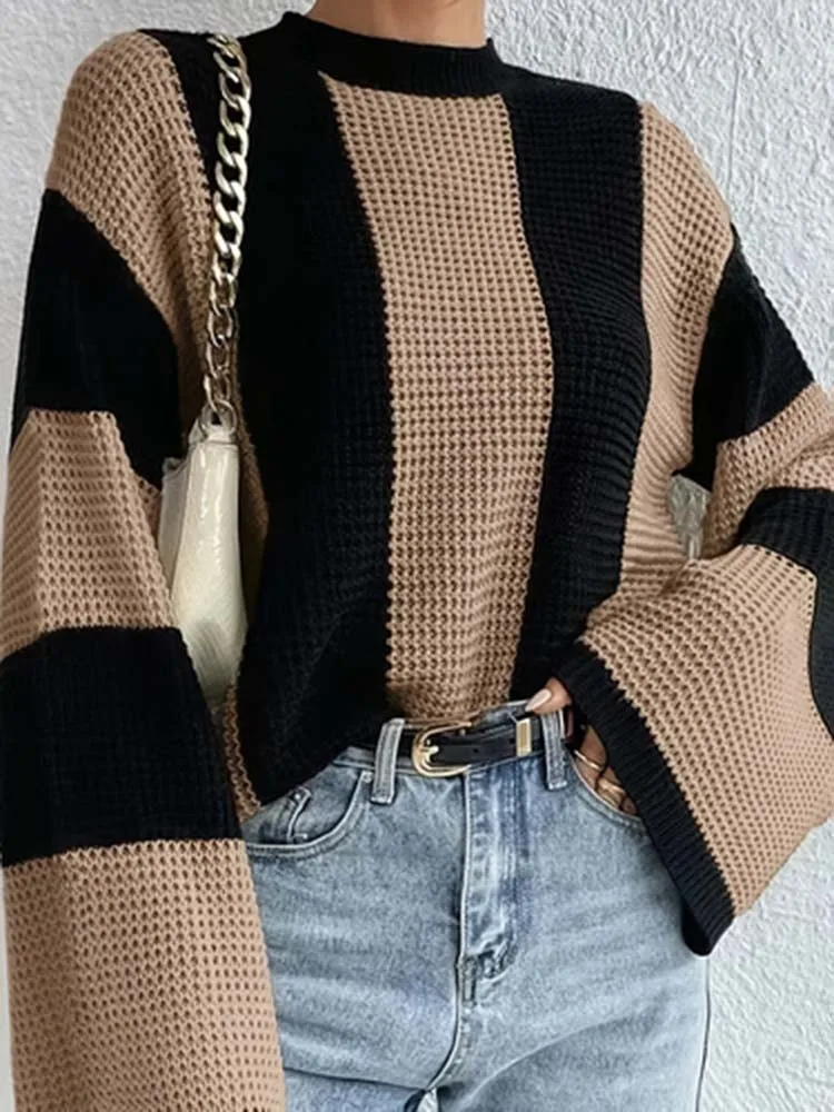 Damen-Pullover im Lazy-Style mit Rundhalsausschnitt, Gestreift und Kontrastfarben, Lässiger Wollpullover mit Langen Ärmeln, Modisch und Locker