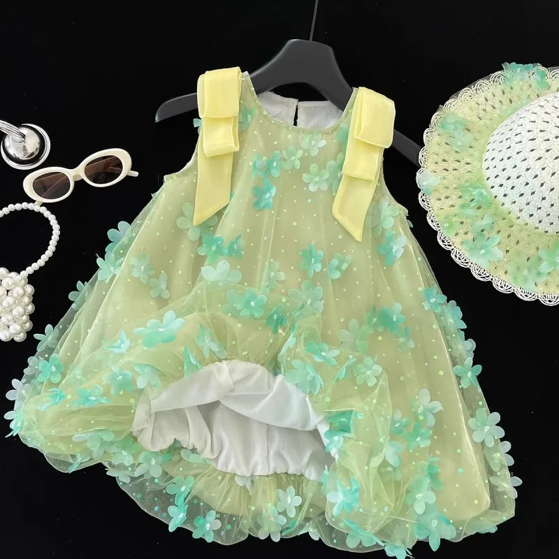 2025 الصيف الفتيات جديد فستان جنية صغيرة غزل عائم ثلاثي الأبعاد زهرة لطيف الشاش تنورة بلا أكمام تنورة الأميرة