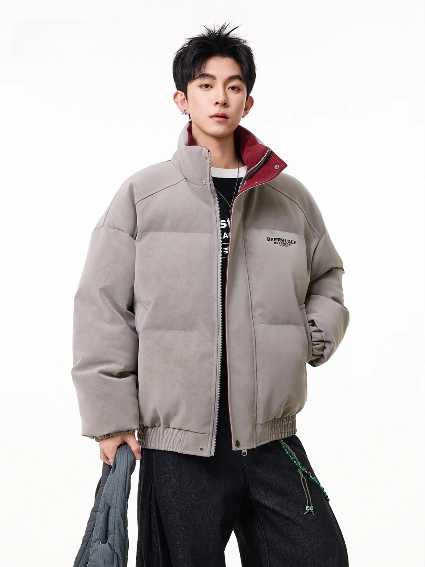 

American Sle Matte Tie Dye PU Leather Stand Collar Cotton Jaet for Men Winter Trendy Brand Haome Thi Warm Bread Coat