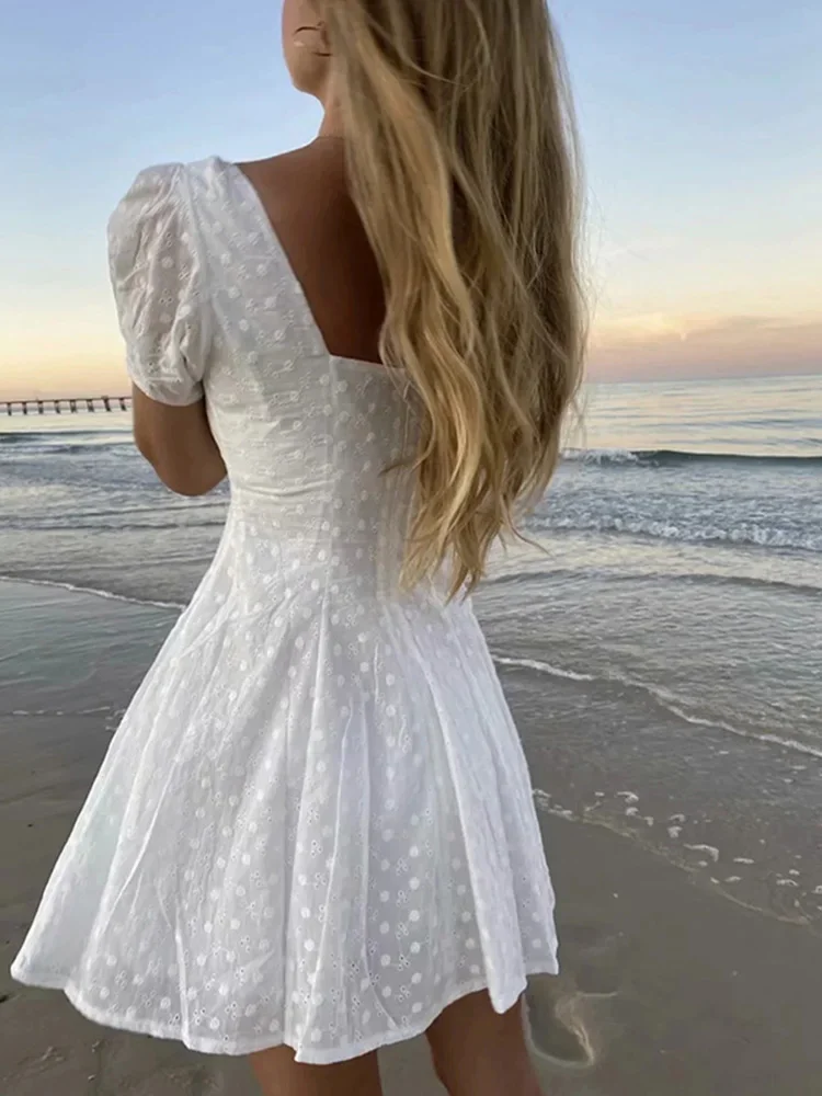 White lace embriodery summer beach dress women elegant hollow out lace up short dress off shoulder puff sleeve sheer dress 2024