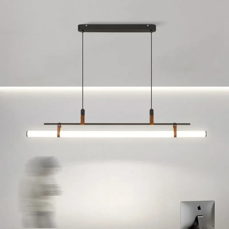 Modern LED Long Tube Chandelier Kitchen Table Dining Room Office Cafe Black Gold Leather Acrylic Pendant Light Indoor Room Decor