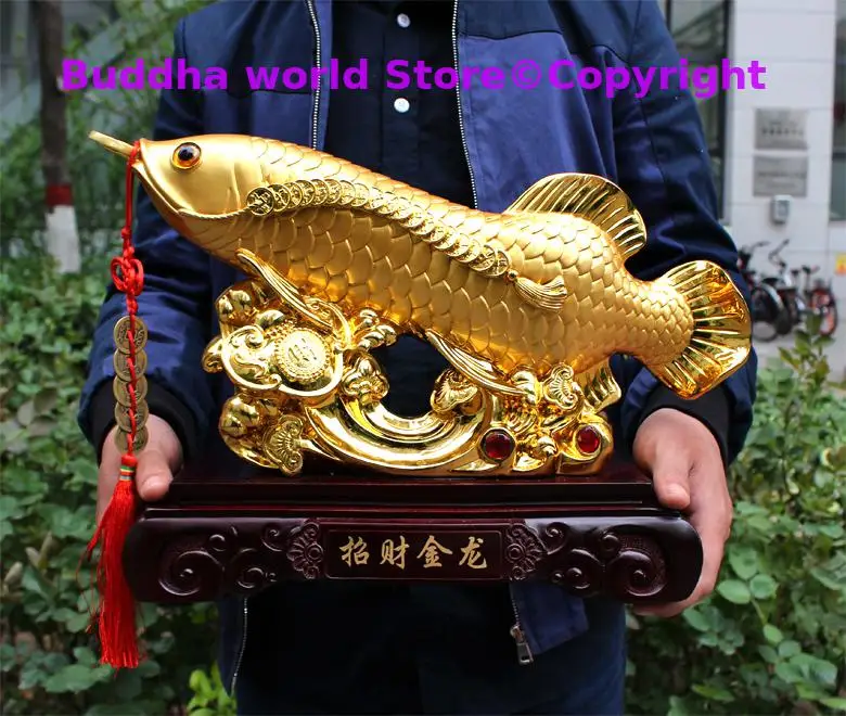 

40CM large Asia Home store COMPANY office Art deco bring wealth money good luck Golden Dragon Arowana fish FENG SHUI statue