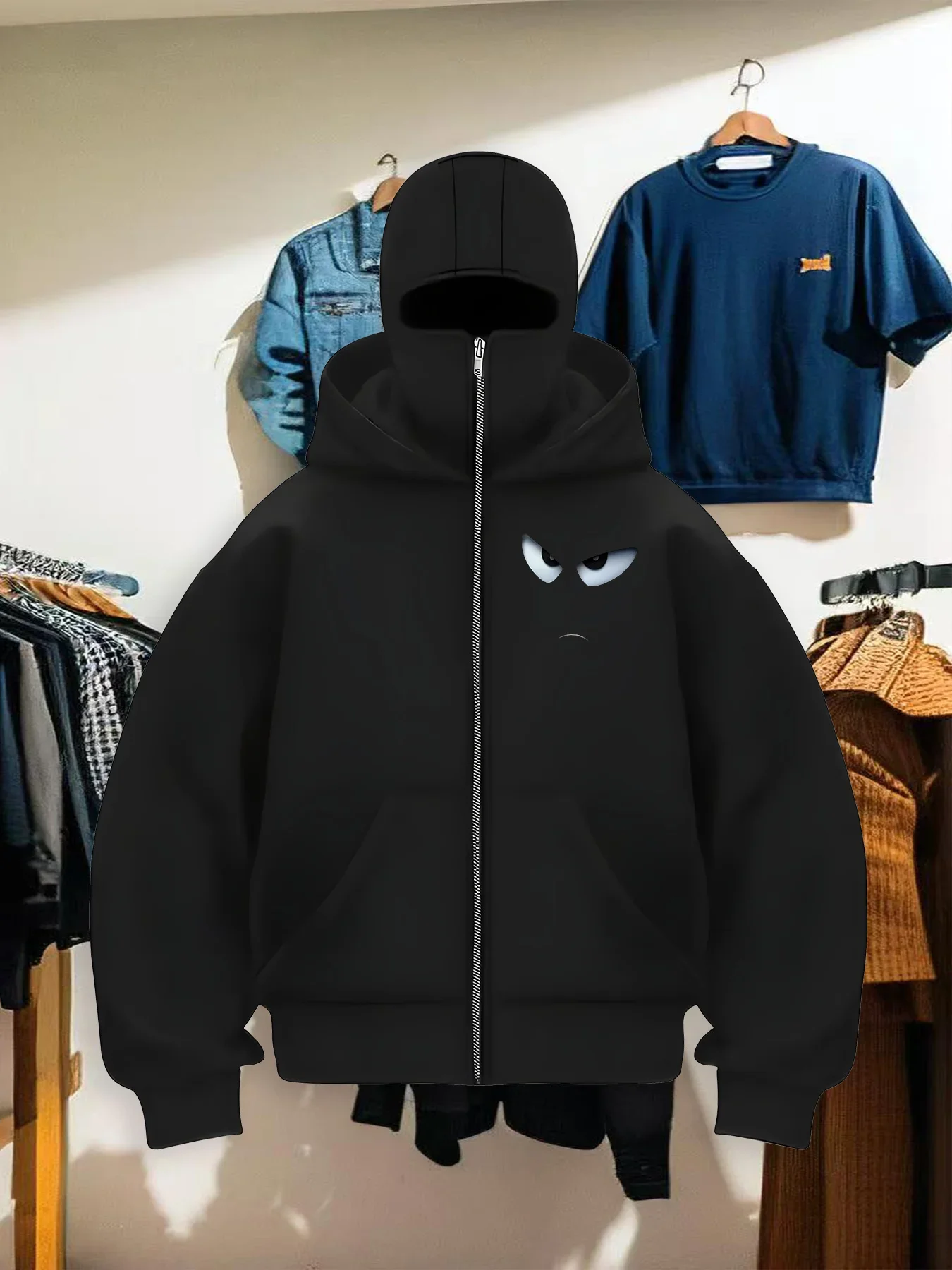 2026 Autumn Men Gothic Harajuku Winter New Item Double Hooded Serious Printed Sweatshirt Men's Hooded Mask Zipper Sportswear\