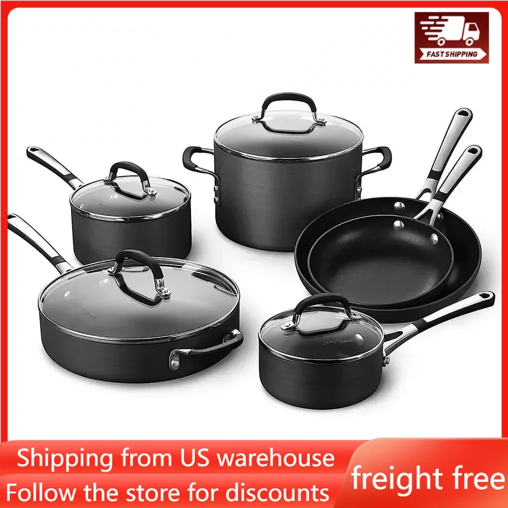 

10-Piece Pots and Pans Set, Nonstick Kitchen Cookware with Stay-Cool Stainless Steel Handles, Black, Oven-safe, free shipping