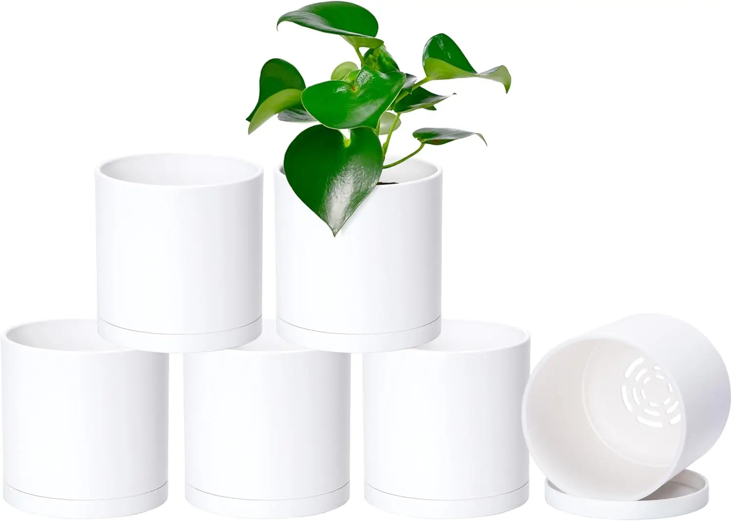 

6 Pack 5 Inch Modern Plastic Plant Pots, Small Garden Planters for Plant with Drainage Holes and Saucers, White Color, 7