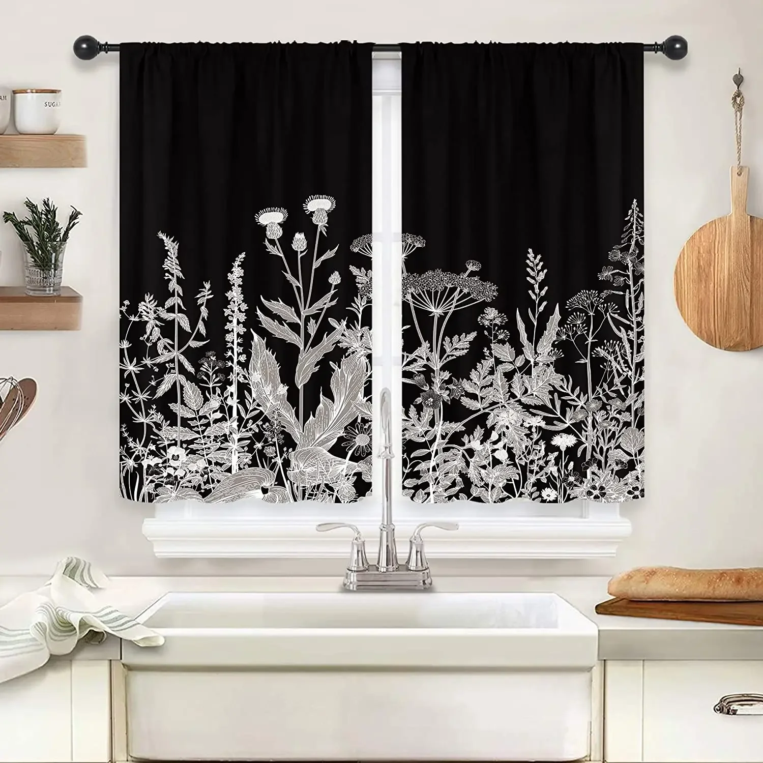 Black and White Pencil Sketch Plants, Botanical, Wildflower Leaves, Natural Rustic Vintage Curtains for Living Room, Bedroom