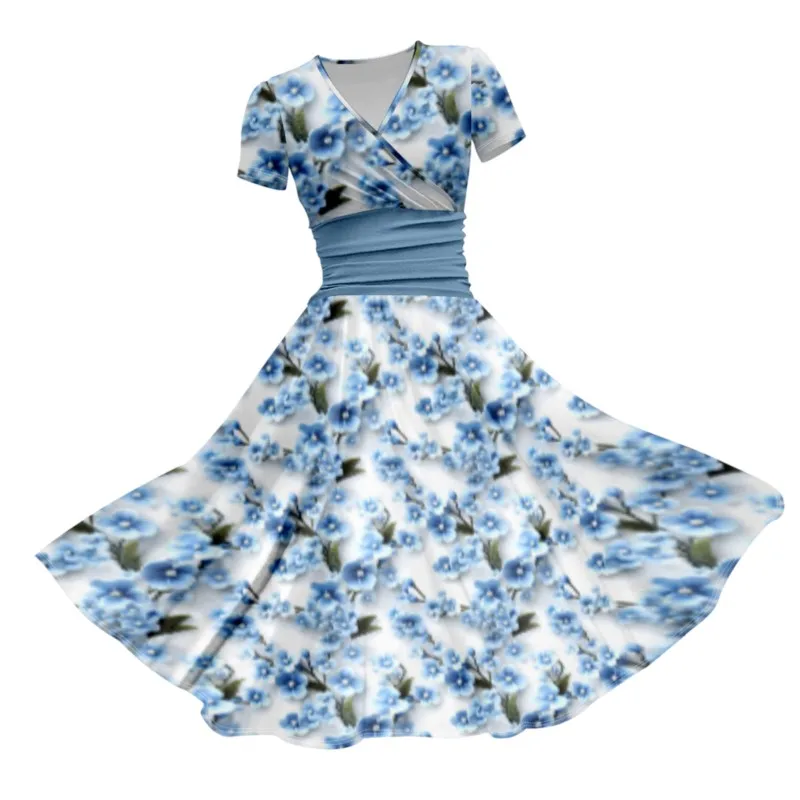 Blue White Little Flower Field Fresh Floral Print Elegant Dresses Short Sleeve V-Neck High Waist Dance Long Party Dress