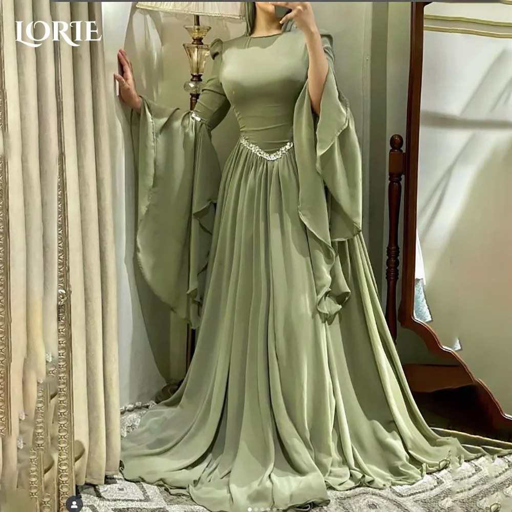 LORIE Modest Crepe Evening Dress Pleats Puff Long Sleeve Floor Length Prom Dresses Ruched Illsion Arabia Party Gowns Customized