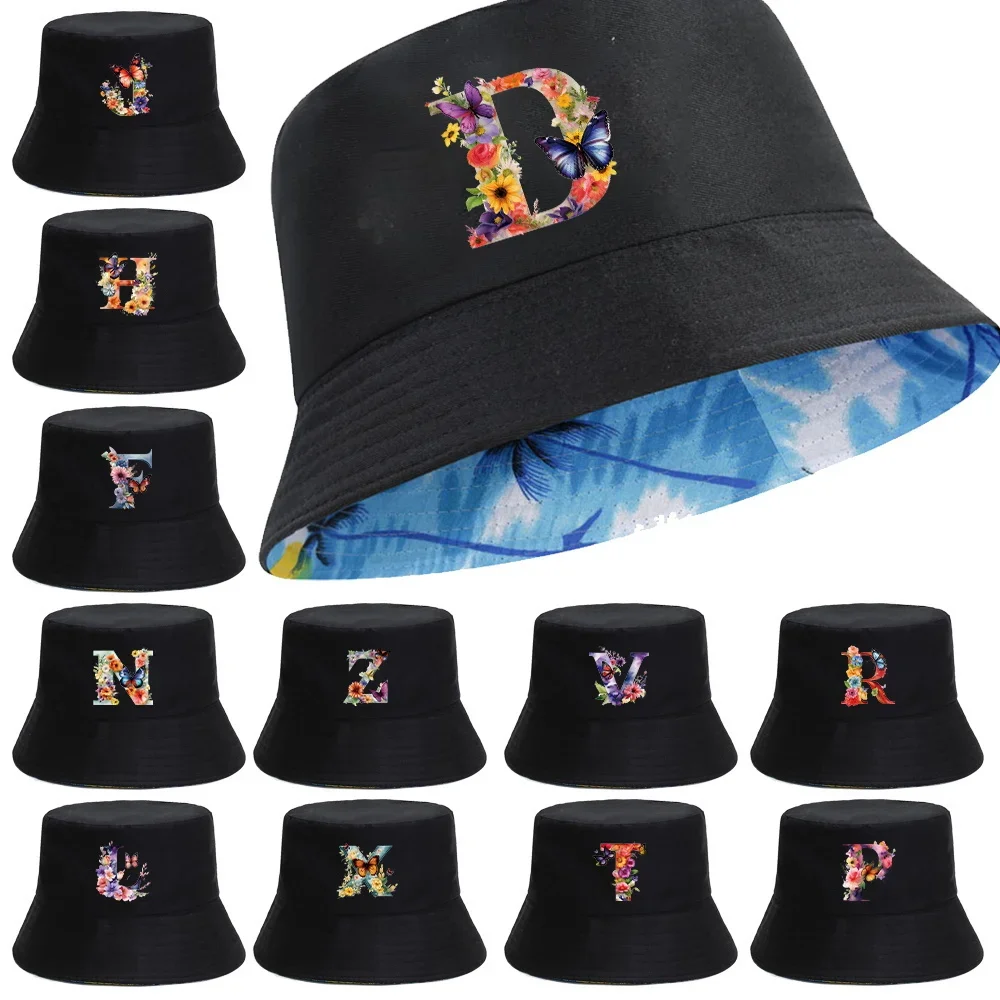 

Fisherman Caps Panama Hat Hawaii Beach Caps Reversible Women Ricard Bucket Hats Men Fishing Hat Butterfly Letter Pattern Print