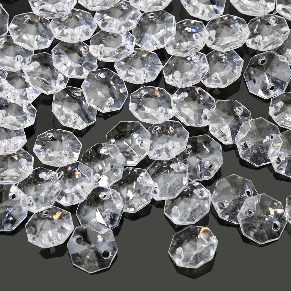 50PCS 14mm Acrylic Clear Octagon Beads Chandelier Parts Pendant Loose Beads Chain for Strands 2 Holes Christmas Tree Centerpiece