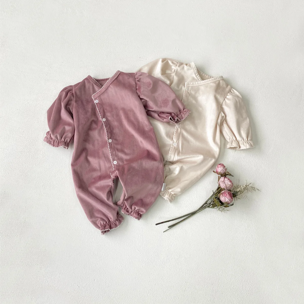 2024 Autumn New Baby Long Sleeve Romper Solid Infant Boy Girl Velvet Single Breasted Jumpsuit Newborn Toddler Clothes 0-24M