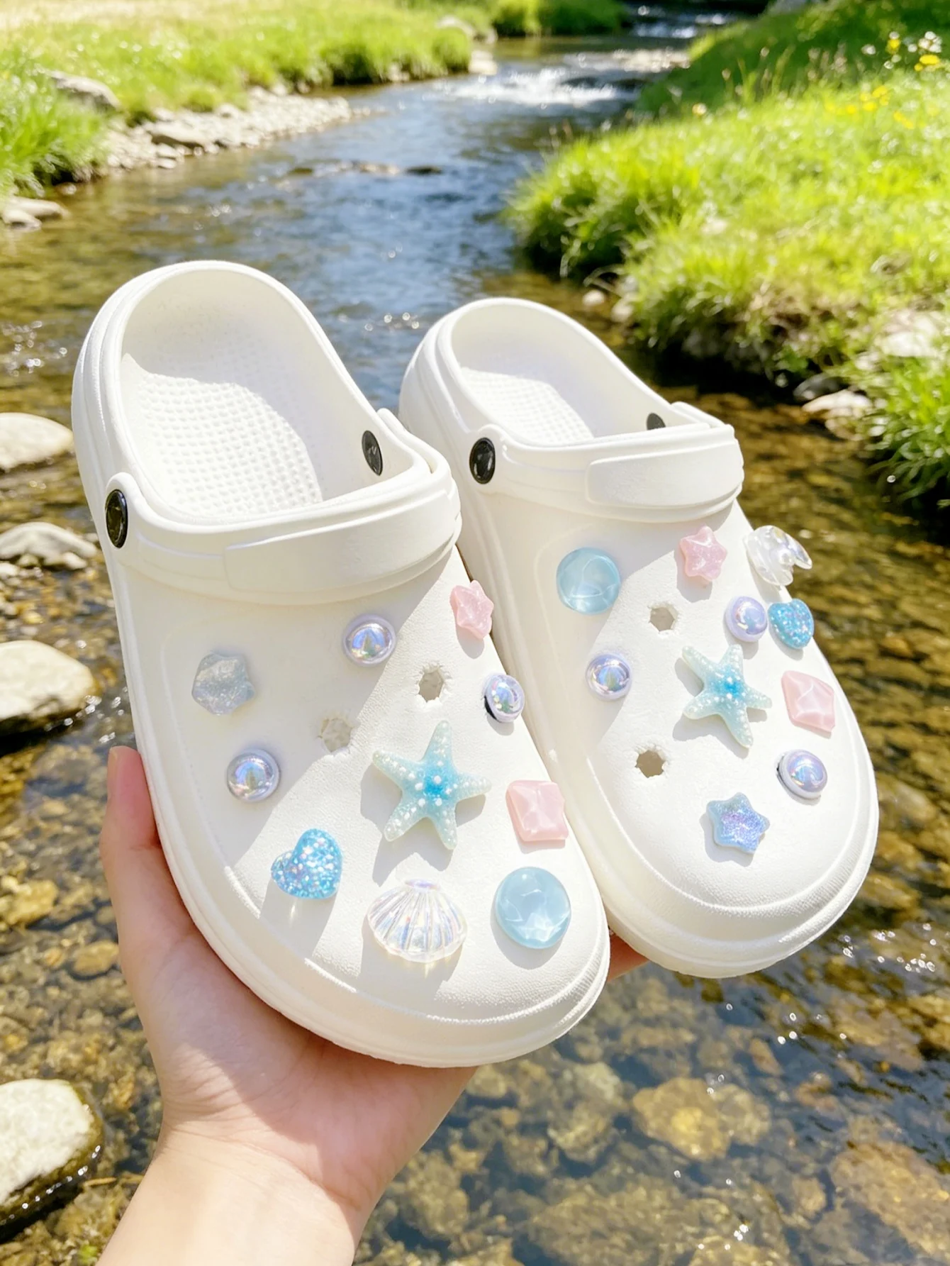 20-Piece Fashionable & Versatile Blue Starfish and Seashell DIY Detachable Shoe Accessories. ABS Garden Shoe Sandal Charms, Outd