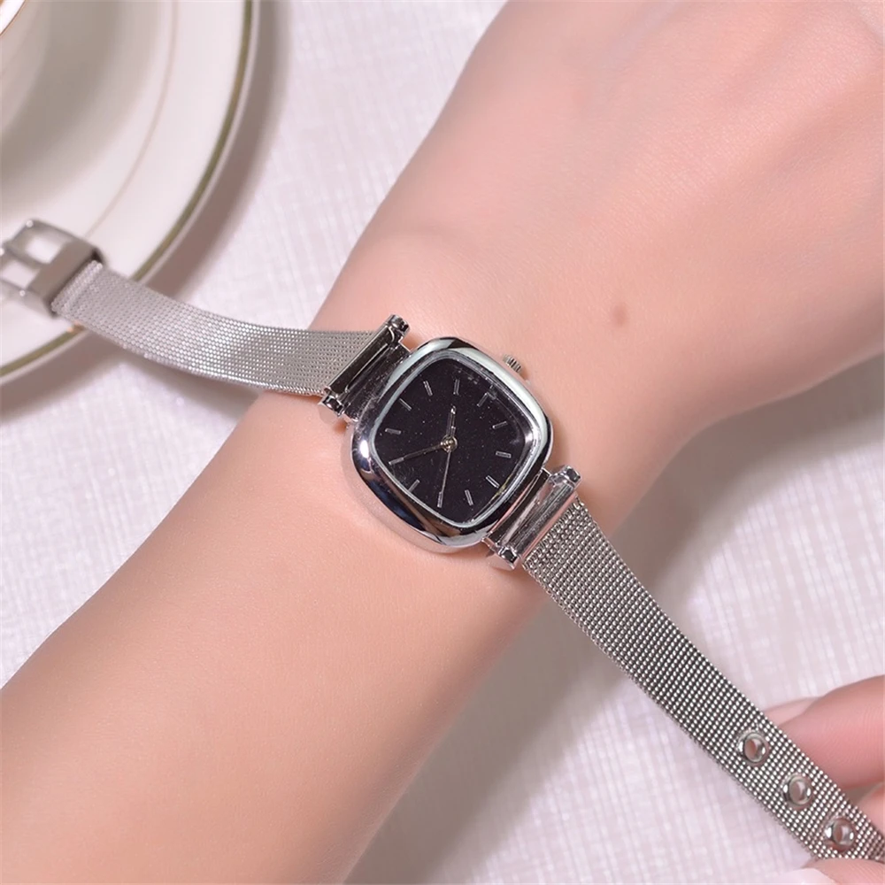 fashion small square dial silver mesh steel quartz women lady watch