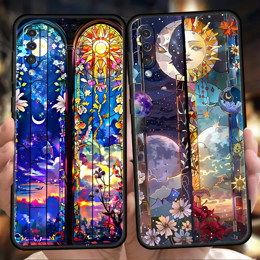 Phone Case for Samsung Galaxy A56 A36 A26 A06 A16 A24 A36 A54 A14 A42 A22 A20 A12 A10 Soft TPU Beautiful Sun Moon Glass Pattern