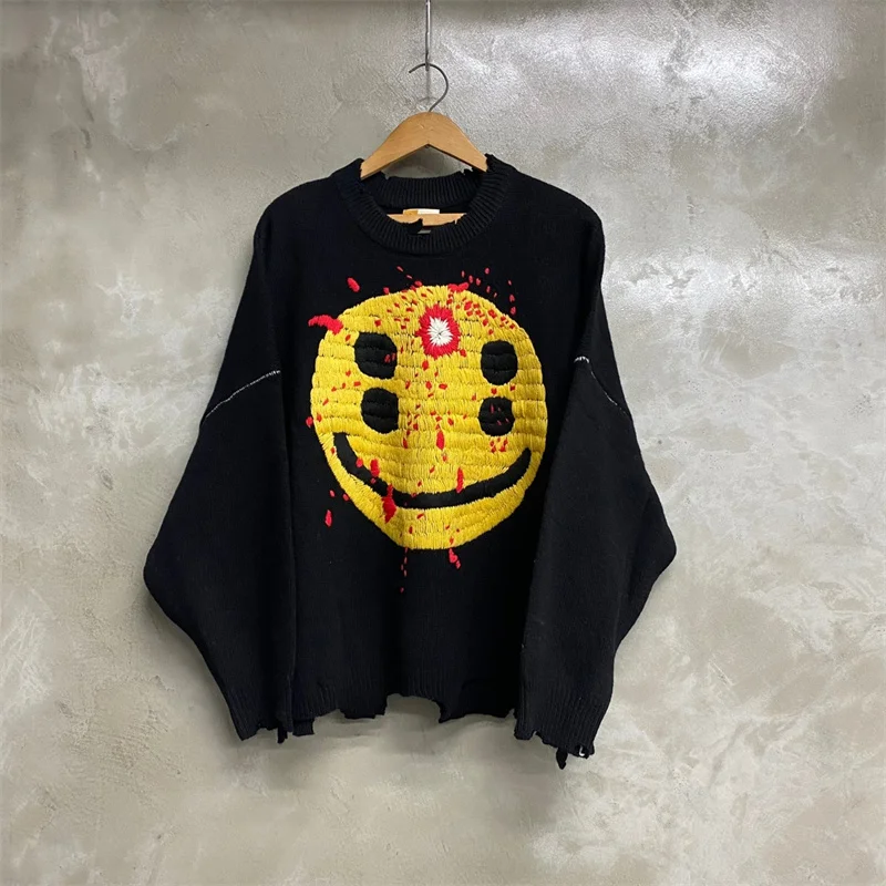 New high-quality Saint CPFM 24ss smiley face breaking sweater with loose and casual fit knitted sweater men