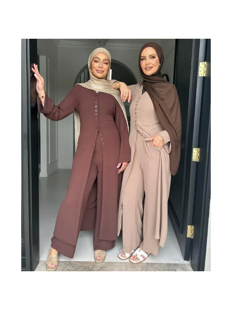 2025 Frauen Eid Musulman Ensemble Muslimischen Sets Solide Blusen Breite Bein Hosen Ramadan Marokko Zwei Stücke Dubai Kaftan Lose Modest