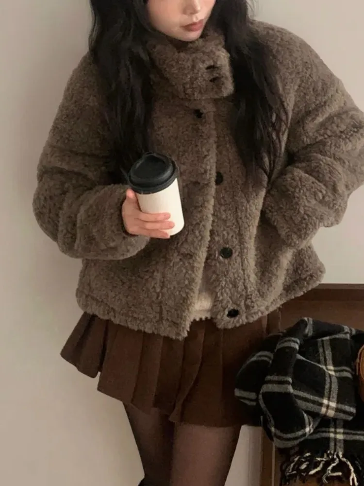 شيك الشتاء Faion ort Thiened معطف فرو الضأن المرأة الوقوف طوق تصميم الإحساس شكل صغير لينة الحليب معطف واق من المطر