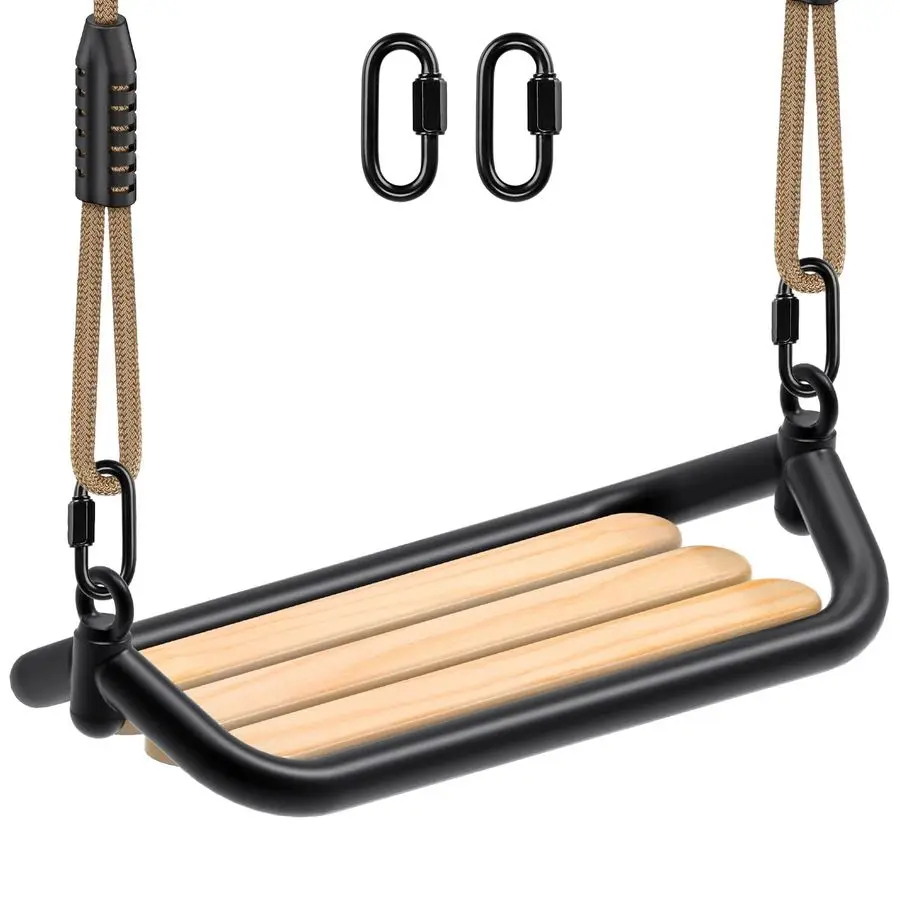 

Hanging Wood Swing Seat Tree Swing for Kids, 100 Polyester Weather Proof Rope Heavy Duty Steel Tubing Structure Backyard Swing S