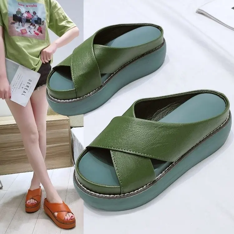 Women Sandals Platform Summer Slippers Wedge Mujer Breathable Thick Sole Slippers Casual High Heel Round Toe Ladies Sandalias