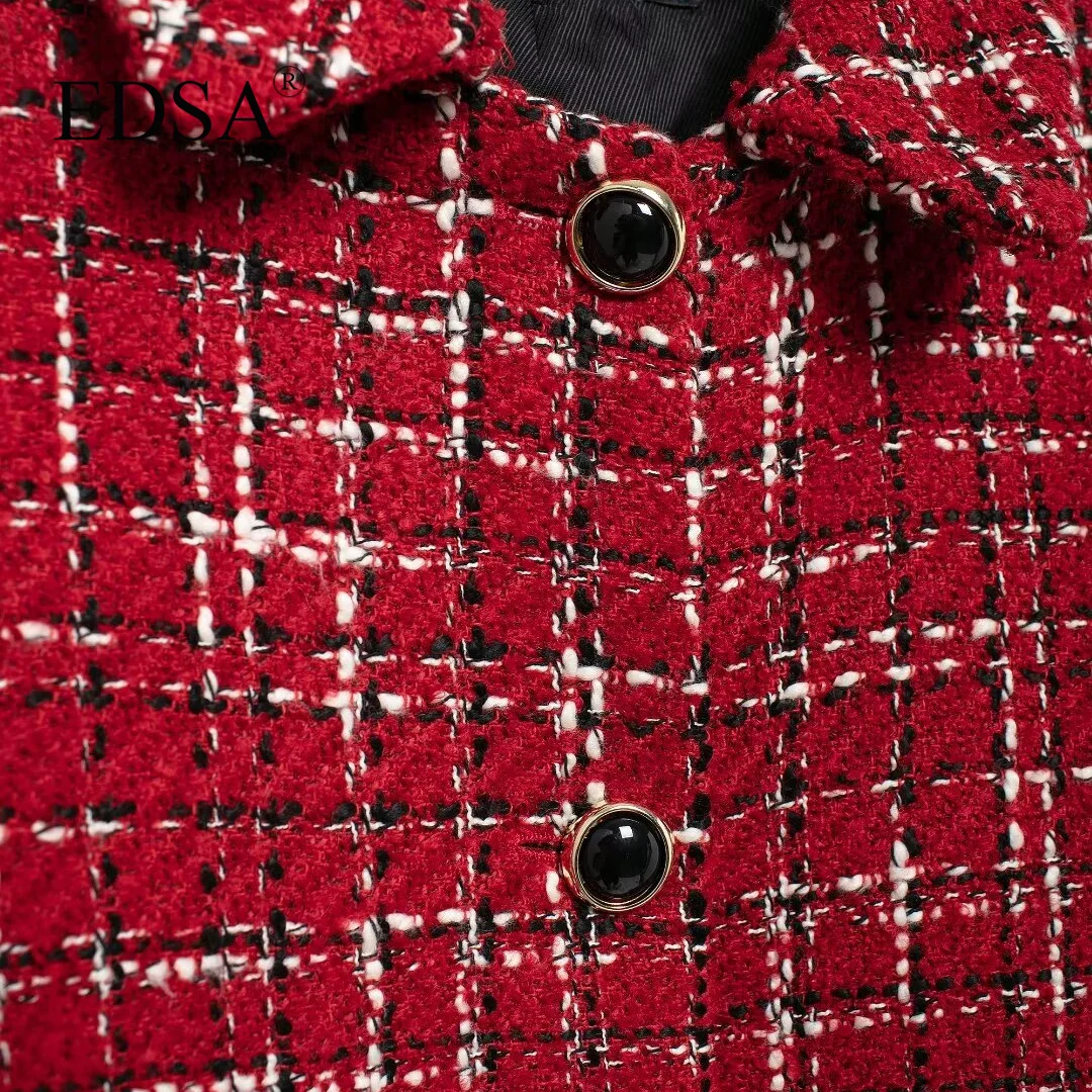 سترة نسائية من التويد باللون الأحمر من EDSA مع وسادات كتف وجيوب واحدة الصدر لملابس خارجية نسائية غير رسمية #3