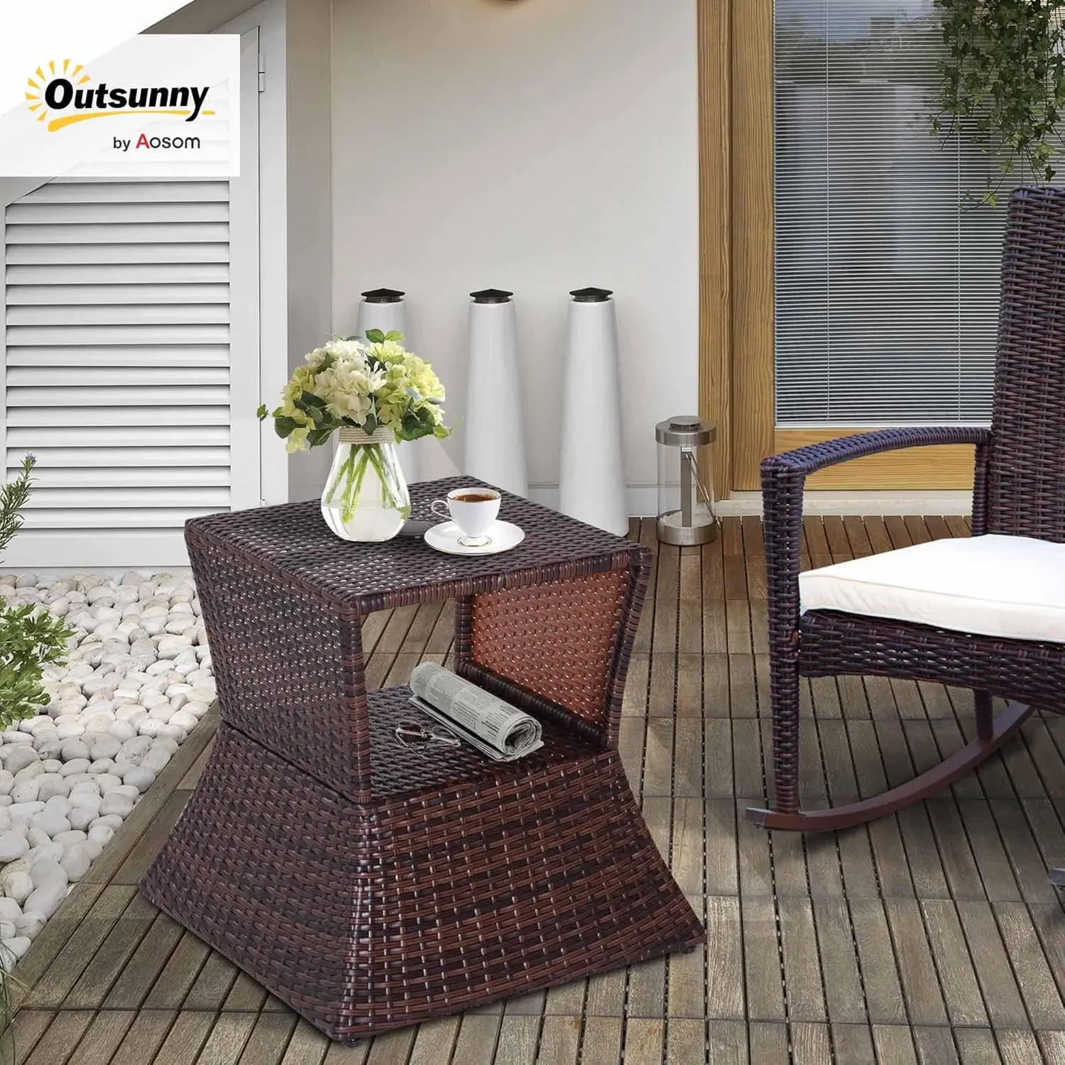 2-Tier Rattan Wicker Outdoor Side Table with Umbrella Hole and Storage Shelf, All-Weather for Patio Garden Backyard