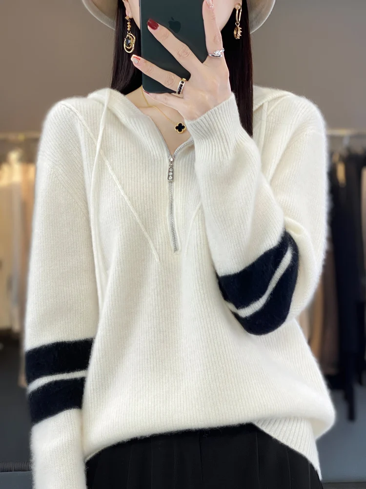 Autumn and Winter New 100% Wool Knitted Color blocked Half Zipper Women\'s Fashion Thickened Versatile Wool Sweater