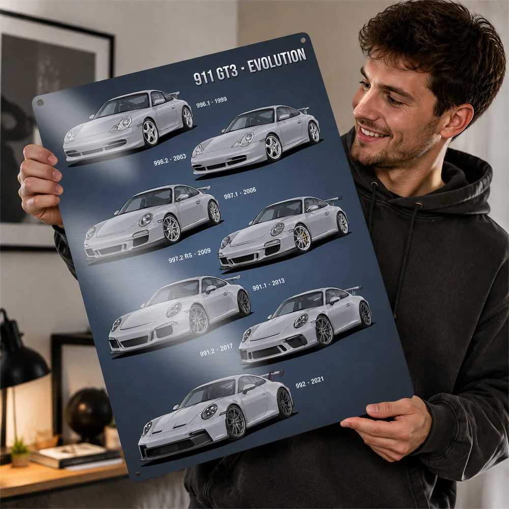 Germany 911 GT3 Evolution Silver Model Chart Printed Poster Personalized Aluminum Metal Sign Workshop Style Wall Art For A Den