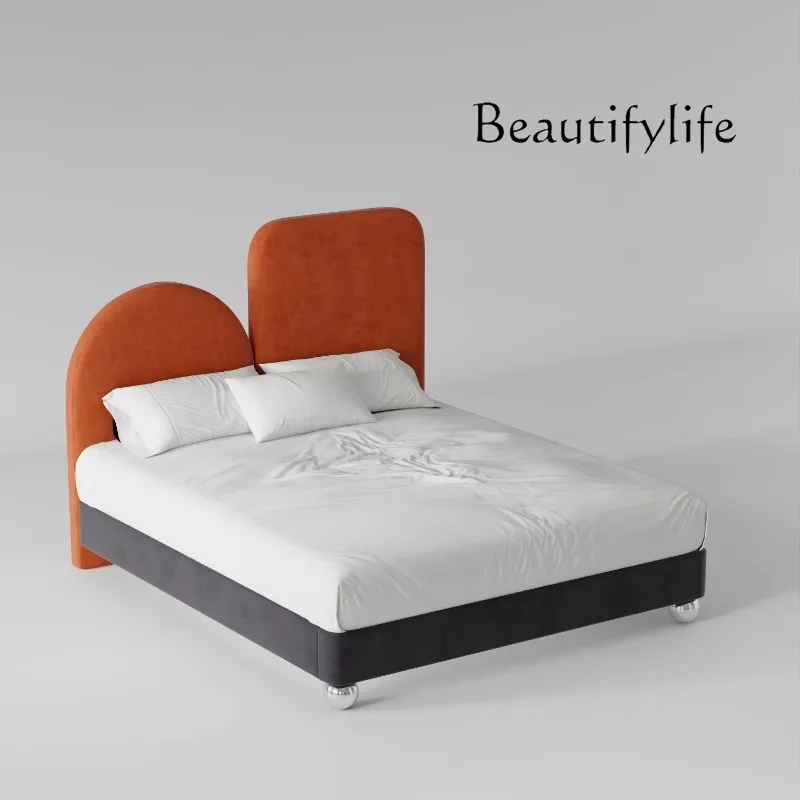 Modern simple light luxury bedroom household rainbow cartoon solid wood double bed small apartment soft bag