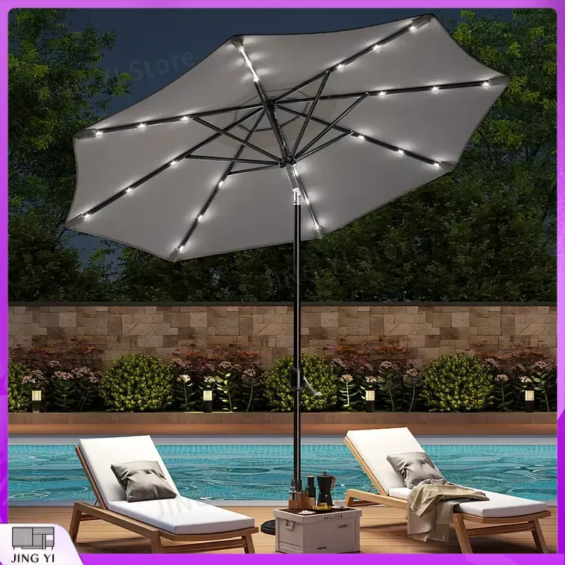 Solar Powered LED Patio Umbrella with 24 Bright Lights Crank Open Garden Beach Umbrella Outdoor Lighting Decor Weather