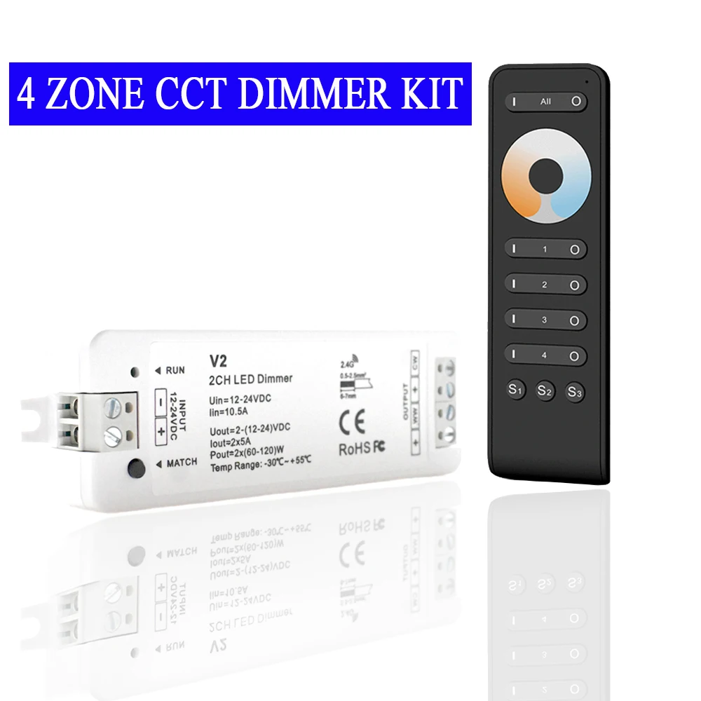 4 Zone CCT LED Dimmer Kit DC 12V 24V 2CH Dual Color LED Controller V2 Touch Wheel 2.4G RF Remote Controller RS2 Dimming Smoothly