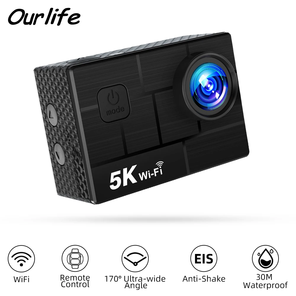 كاميرا Ourlife Action 5K30FPS 50MP WiFi 2.0 بوصة IPS شاشة 170 ° خوذة كاميرا رياضية بزاوية واسعة 30 متر مقاومة للماء ومضادة للاهتزاز #1