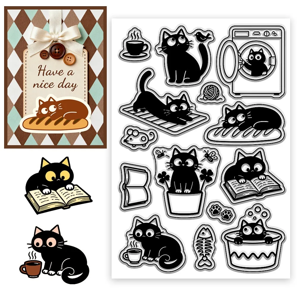 Cat Life Icon Pattern Clear Stamps Stamp Seal for DIY Scrapbooking and Card Making Paper Craft Decor 6.3×4.3 Inch