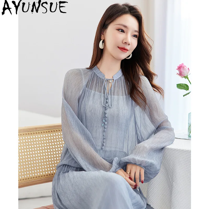 AYUNSUE 100% Real Mulberry Silk Long Sleeve Tops Chinese Style Blouse for Women Semi Transparent Autumn Clothing 2026 Ropa Mujer