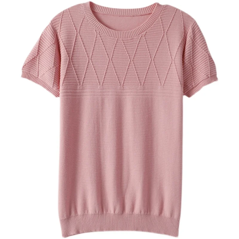 

New 00% Cotton ort Sve Women's T-irt round Ne Diamond Knitted Linen Loose Top Cotton Linen f Sve Base irt