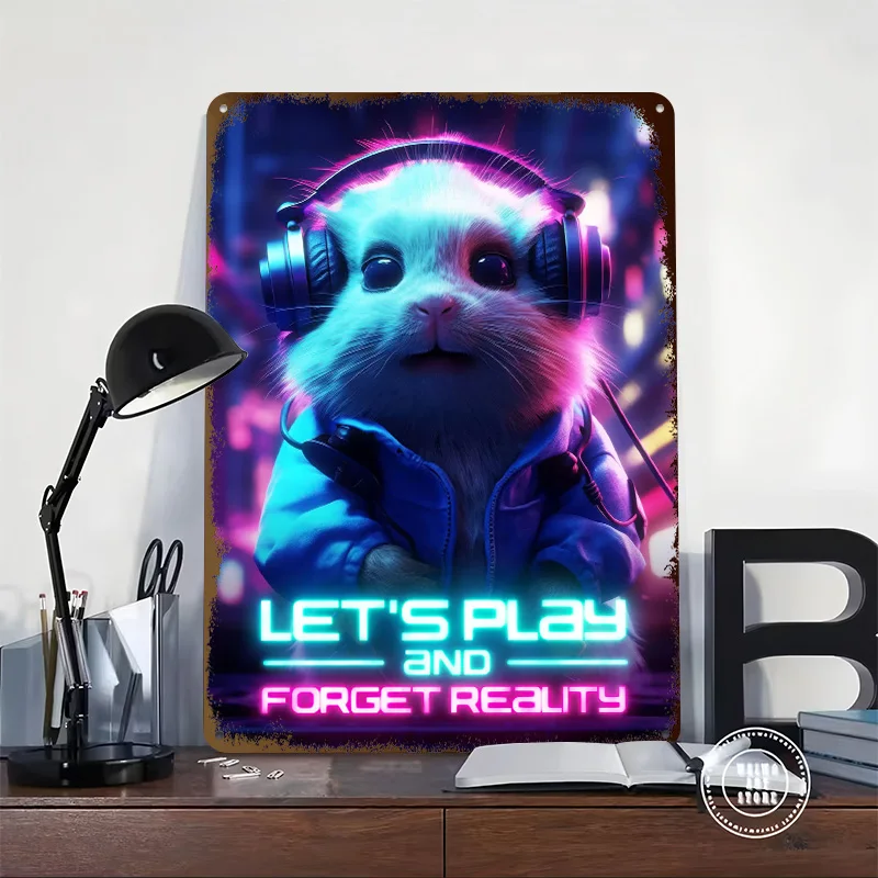 Hamster Gaming Lets Play Tinplate Posters Customizable Wall Art Retro Vintage Metal Signs for Home Room Custom Plate Desk Decor