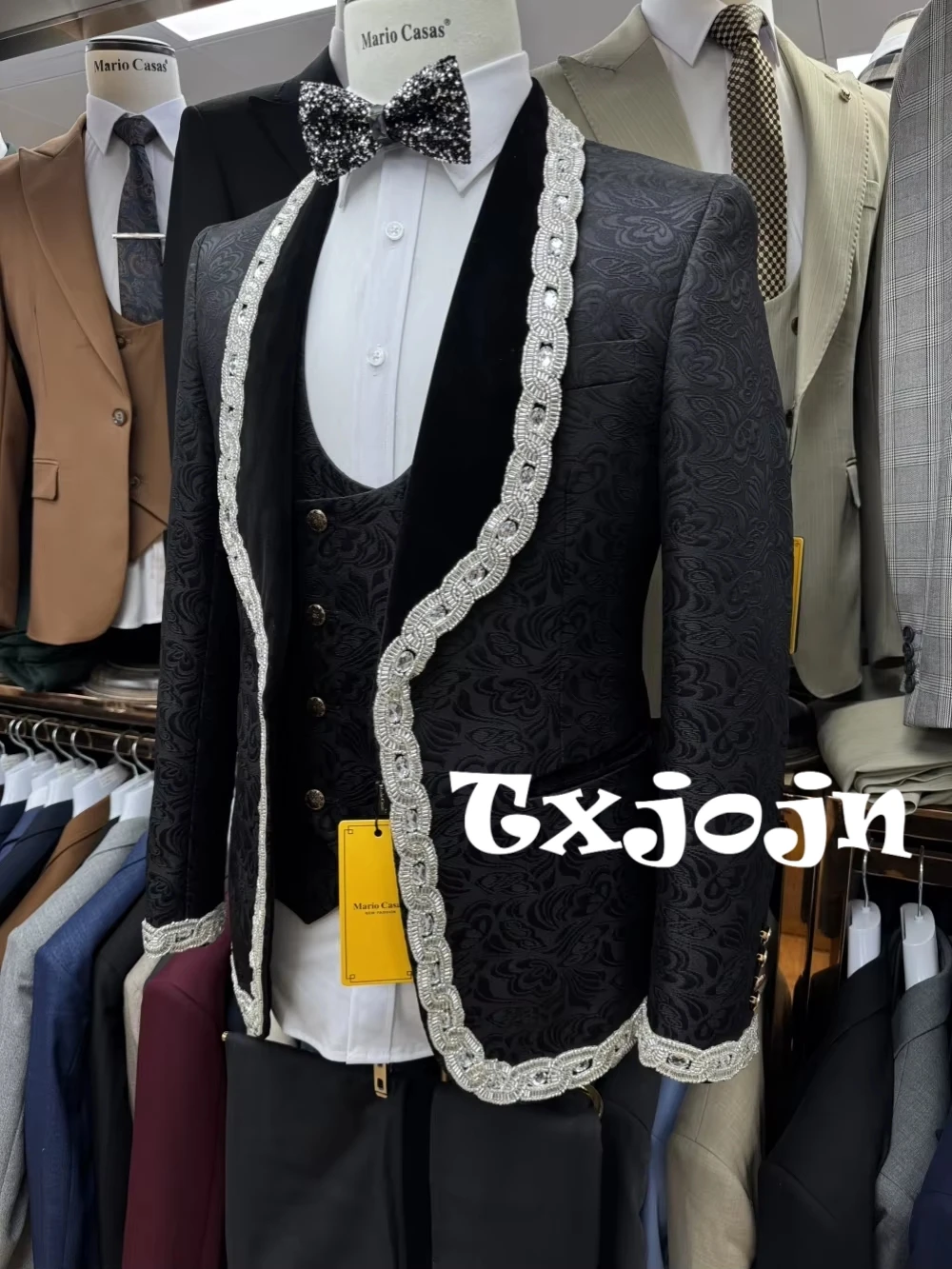 

Exquisite Shiny Beaded Shawl Lapel Suits 3 Pieces,High Quality Jacquard Suit Set Wedding Groom Sets,Elegant Black Tuxedo S-3XL