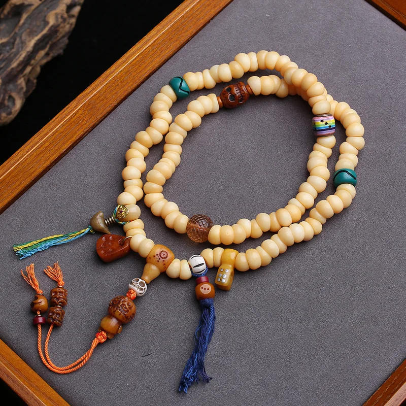 108 Buddha Beads Made Of Recycled Yak Bone In Chicken Fat Yellow, Hand-Held Three-Way Bead With A-Daizi Glass Accessories